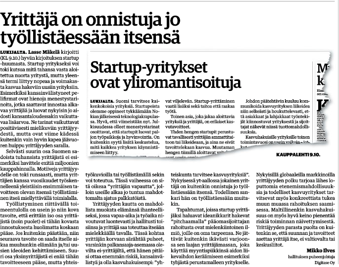 Vastine: "Yrittäjä on onnistuja jo työllistäessään itsensä" (Kauppalehti 16.10.2014)