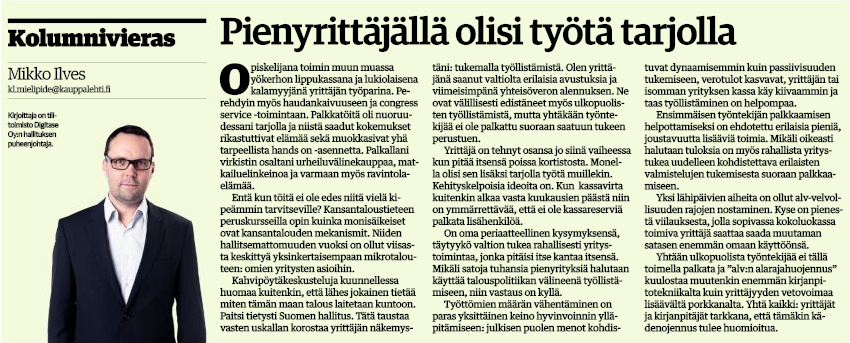 Kolumni: Pienyrittäjällä olisi työtä tarjolla (Kauppalehti 16.2.2015)