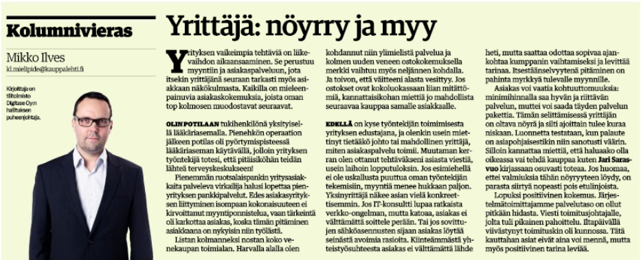 Yrittäjä: Nöyrry ja myy -niminen koulumni, joka julkaistiin Kauppalehdessä 22.2.2016
